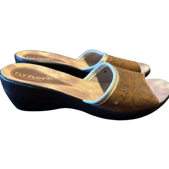 Fly Flot Metallic Bronze‎ Wedge Slip On  Italian Sandals Comfort Sole - Picture 2 of 7